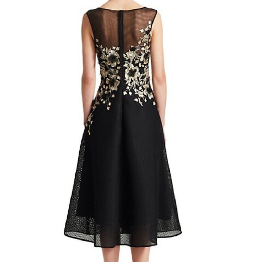 Rickie Freeman for Teri Jon Black Mesh Midi Dress with Gold Floral Appliqué - Picture 2 of 6